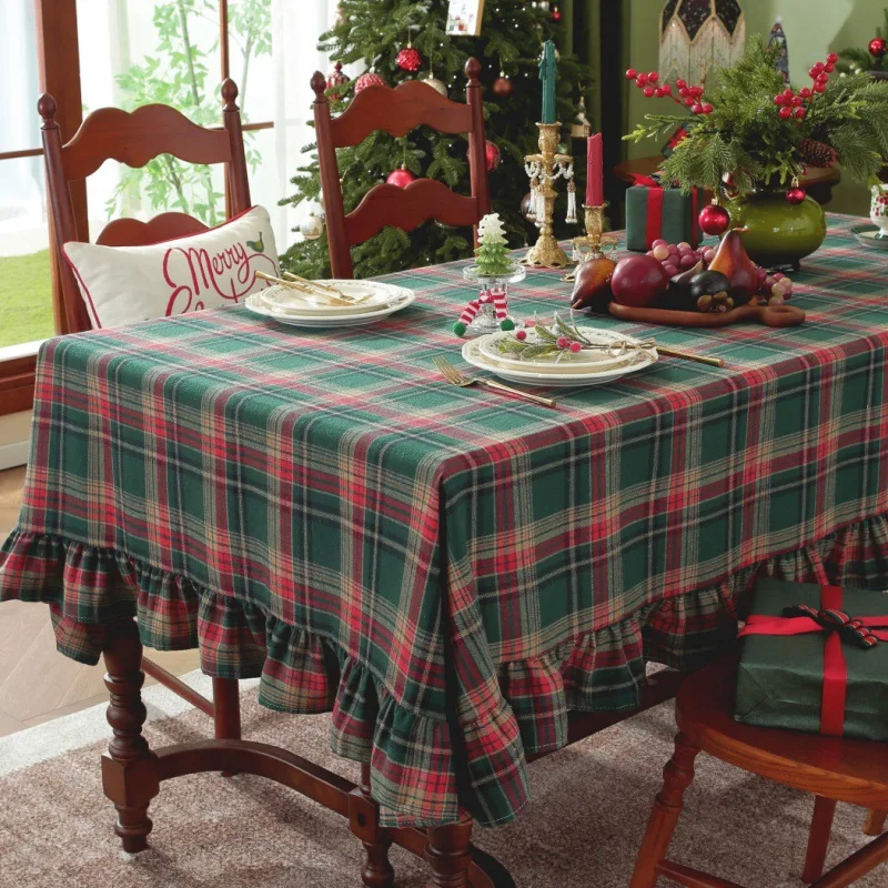 Mantel con volantes a cuadros verdes navideños, rectangular/redondo, lavable, antimanchas, decoraciones de mesa para cocina, cubierta para mesa de boda