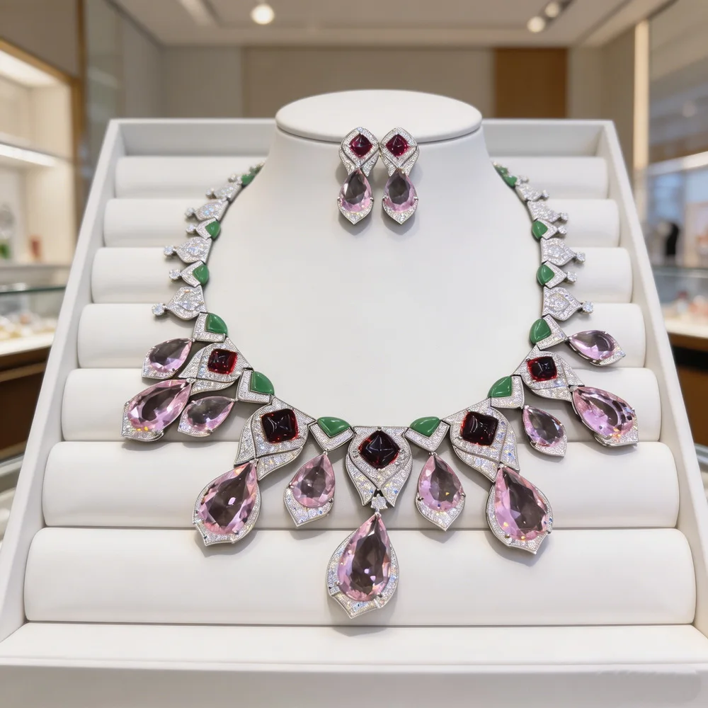 Designer Collection Style Earrings Necklace Women Lady Inlay Colorful Drop-shaped Cubic Zircon Green Enamel Party Jewelry Sets