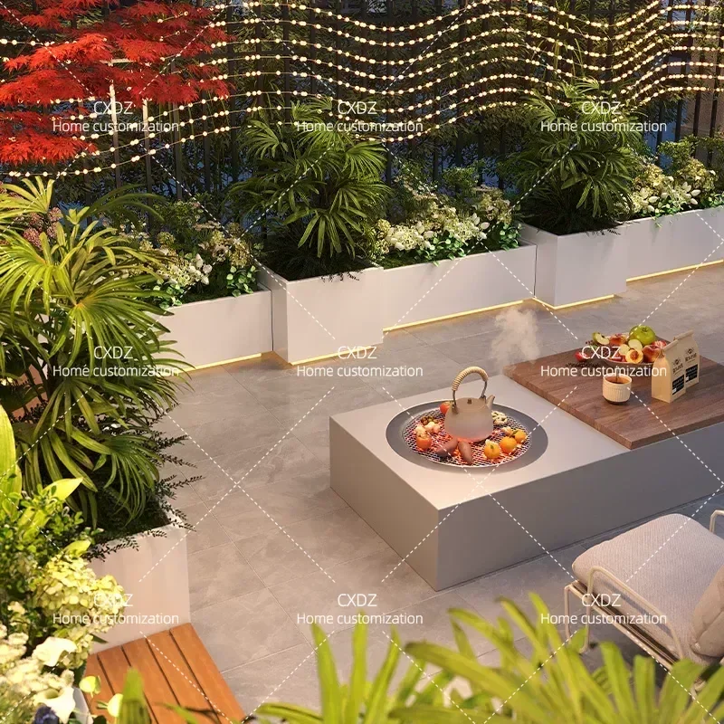 Outdoor Stainless Steel Flower Box with Seat Stool Garden Terrace Courtyard Planter Wrought Iron Fence Flower Trough