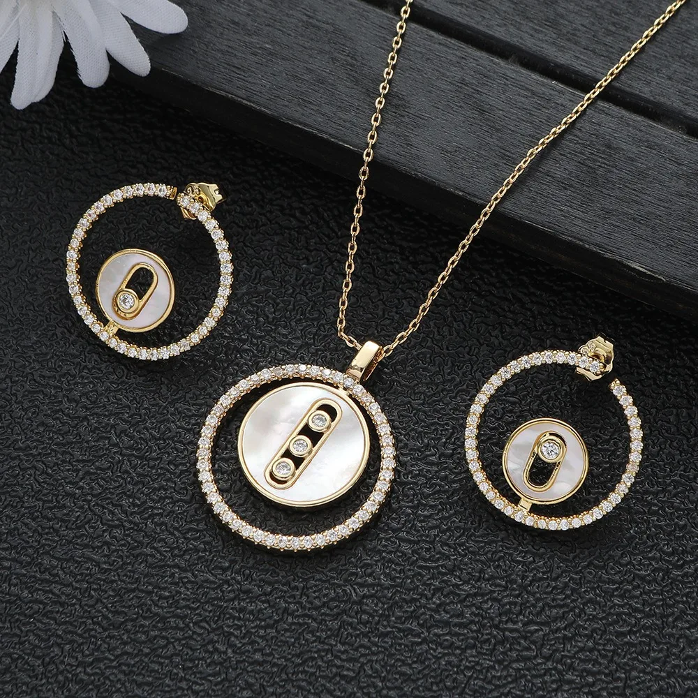 2024 New classic button Round button round Zircon necklace earrings Set Accessories Women's Shamrock jewelry party