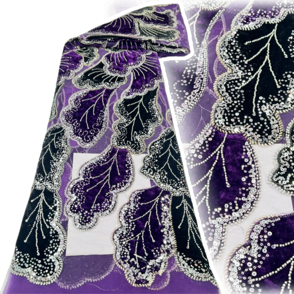 Sewing Velvet Fabric - ผ้าลูกไม้แอฟริกันหรูหรา 2026 ความยาว 5 หลา ผ้าลูกไม้กำมะหยี่ประดับลูกปัด