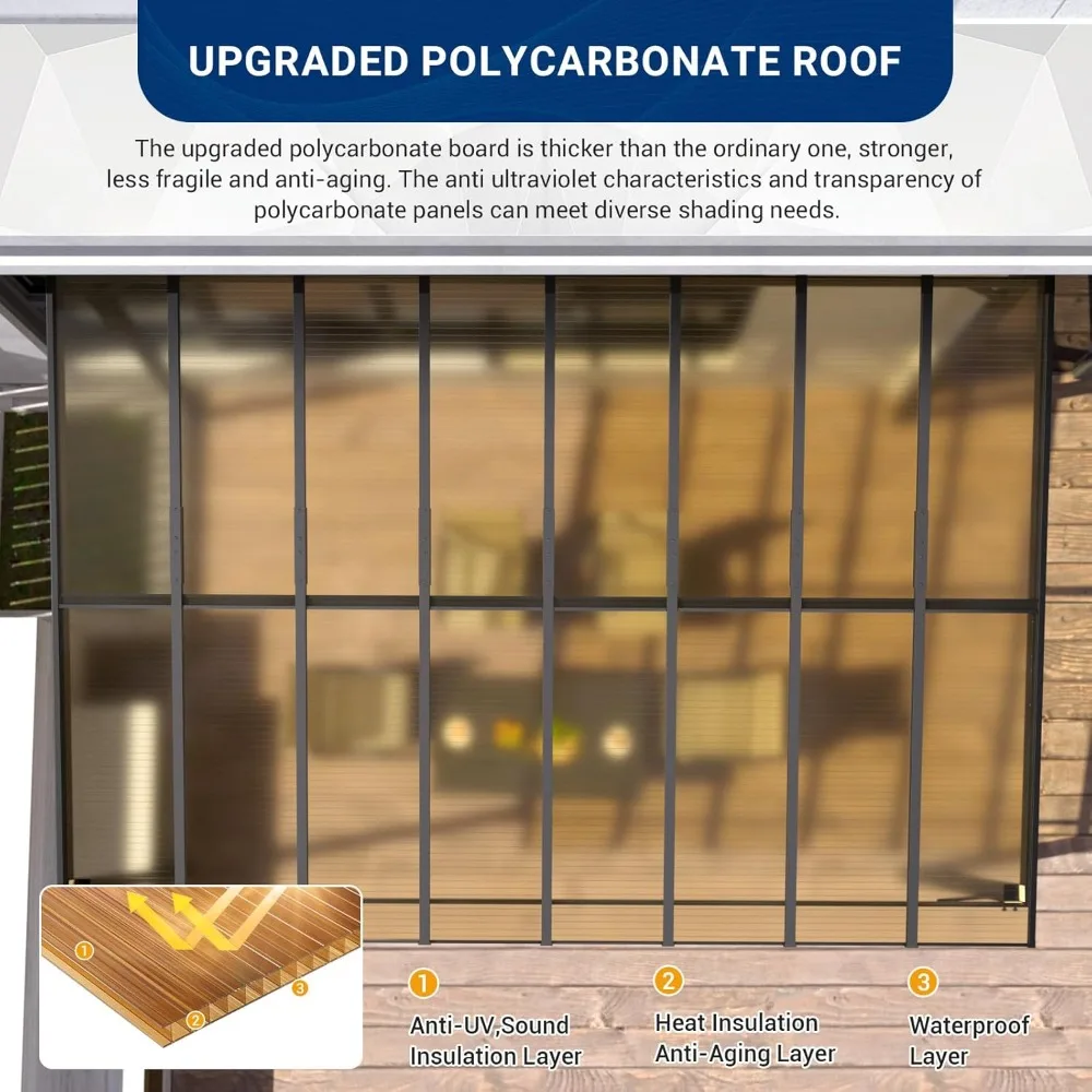 10' x 10' Wall Mounted Awning,with Sturdy Steel Frame and UV Resistant Polyc arbonate Roof,for Your Patio,Deck,Backyar