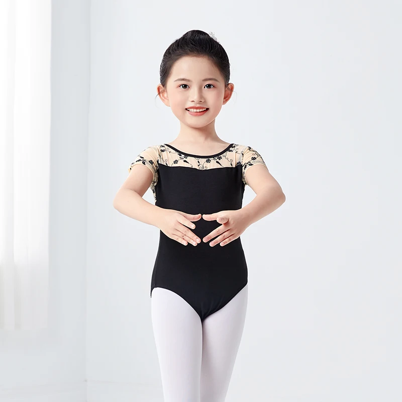 Kids Ballet Leotard Embroidery Mesh Splice Cotton Leotard for Toddlers Girls Gymnastics Dance Leotard for Ballet Rhythmic