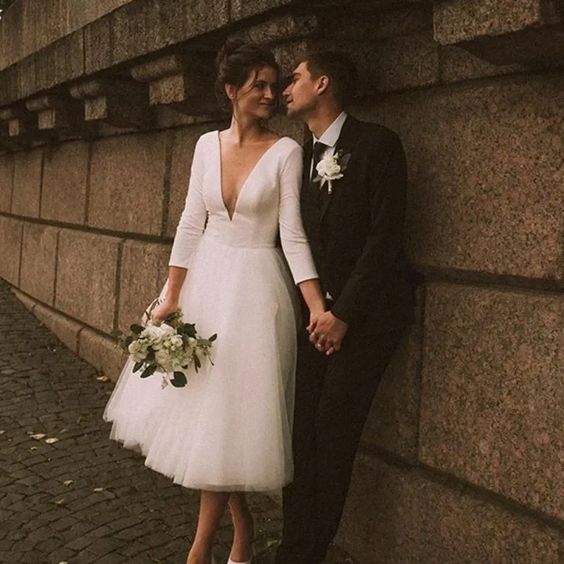 Vestidos De Novia elegantes De manga larga, Vestido De Novia De línea A De tul con cuello en V profundo, largo De té, vestidos De fiesta hechos A medida