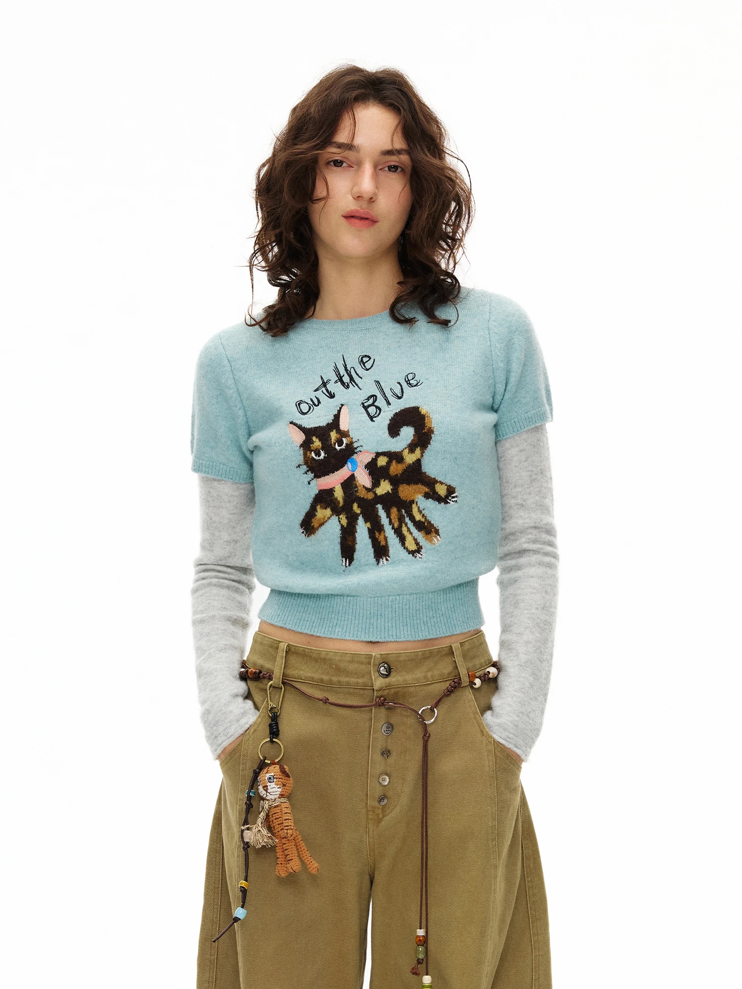 

Outthe Синий вязаный свитер с вышивкой «Six-Claw», круглый пуловер Ne, мягкая смесь полиэстера, повседневный Sle ort Sve