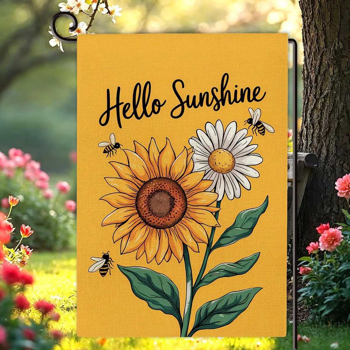 Hello Sunshine Spring Summer Garden Flag Double Sided Sunflower Daisy Bees House Flag Outdoor Seasonal Decorations for Yard  yyi