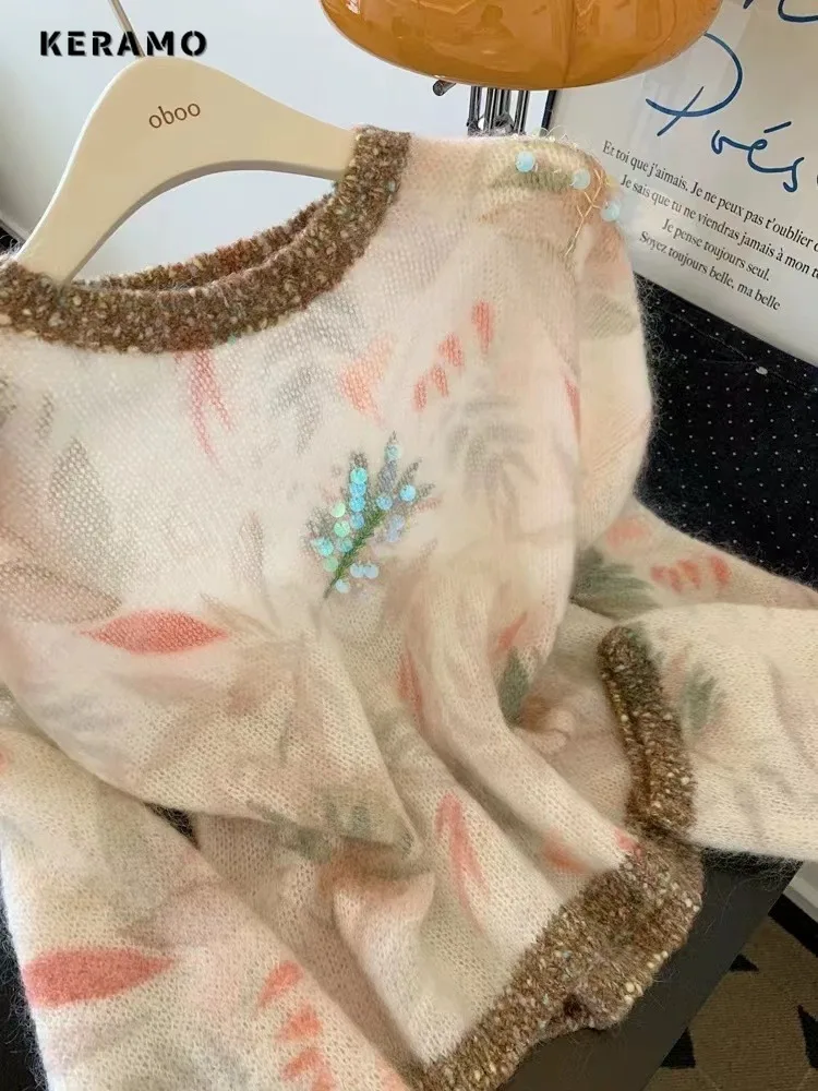 

2025 зимний элегантный вязаный пуловер с круглым вырезом и длинными рукавами в стиле пэчворк, женский винтажный женский свитер с блестками, вязаный топ