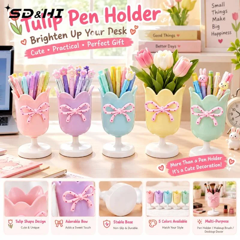 Cute Style Plastic Bow Tulips Shape Pen Holder Desktop Organizer Makeup Brush Storage Bucket Storage Cup Ornament Props