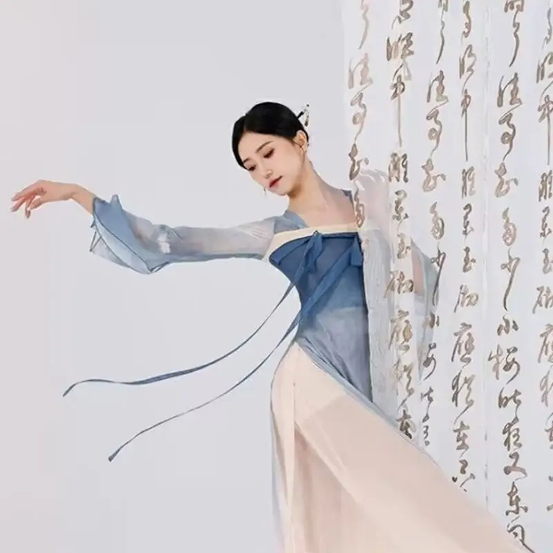 Tenue de danse classique pour femme, ensemble Hanfu fluide, grande jupe pivotante, costume de danse chinoise, ensemble d'entraînement, tenue de performance avec ruban