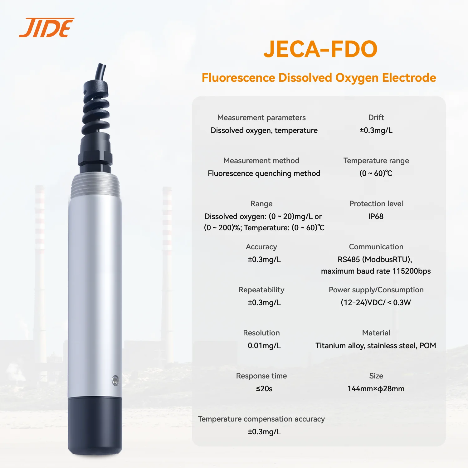 JIDE ECA-FDO Industrial RS485 Modbus Digital Dissolved Oxygen Meter OEM Customizable DO Sensor Probe for Water Analysis