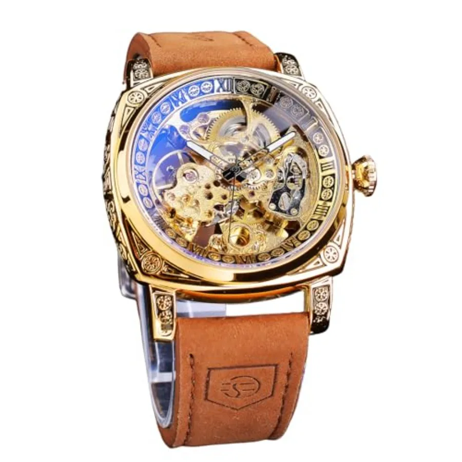 

Watches for Man, Square Retro Mechanical Watch Self-Wind Carved, Skeleton Automatic Watches Vintage Leather Strap Wristwatch