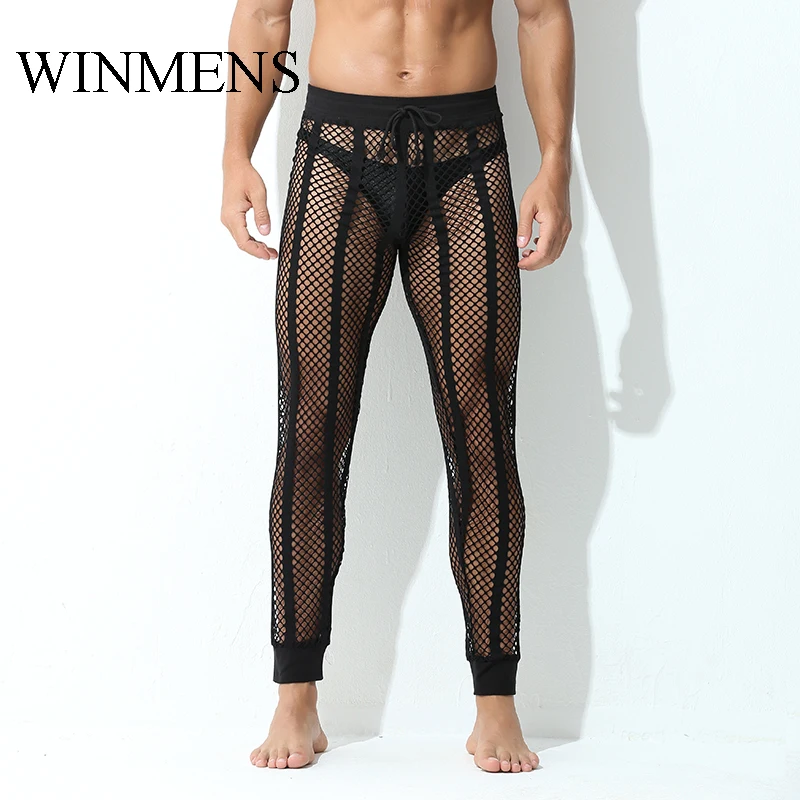 Erwachsene Herren Pyjamahose Ausschnitte Fischnetz Atmungsaktive Schlafhose Mesh Sehen Sie innen Sexy Fitness Bodybuilding Home Lounge Wear