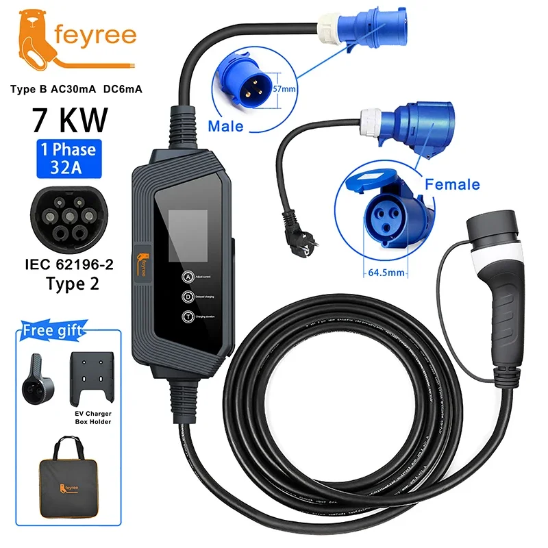 feyree Smart Portable EV charger Type2 Cable 32A 7KW Fast Charging for Electric Car with Adjusting Current Setting Charging Time