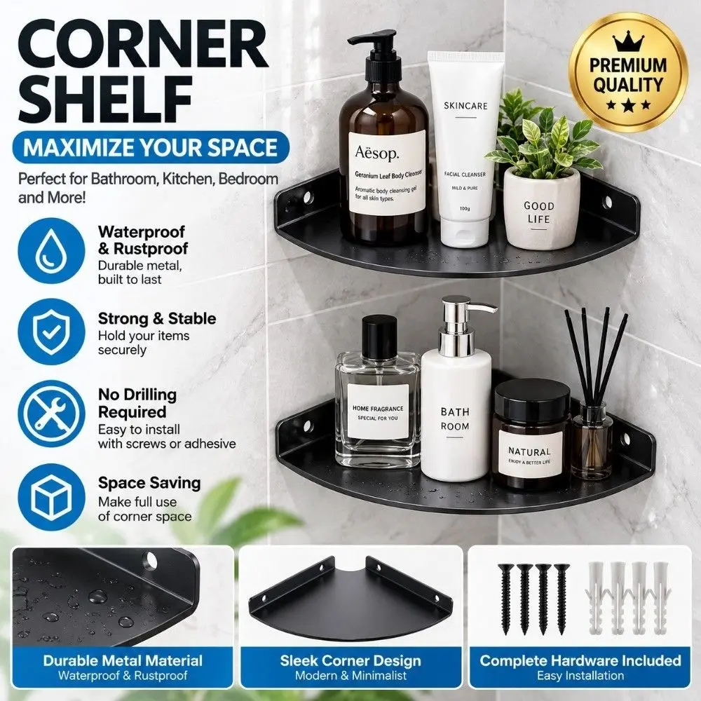 1/2Pcs Metal Floating Corner Shelf Quarter Round Floating Design Wall Mount Storage Rack Wall Mounted Hanging