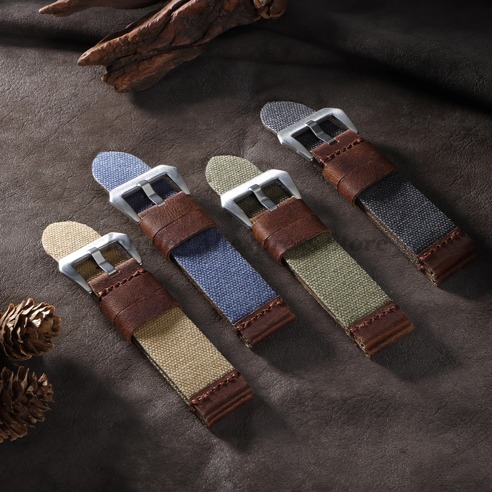 Холщовый кожаный ремешок ручной работы 20 мм 22 мм 24 мм для Panerai для Omega Army Green Мужчины Женщины Часы Браслет Военный ремешок для часов