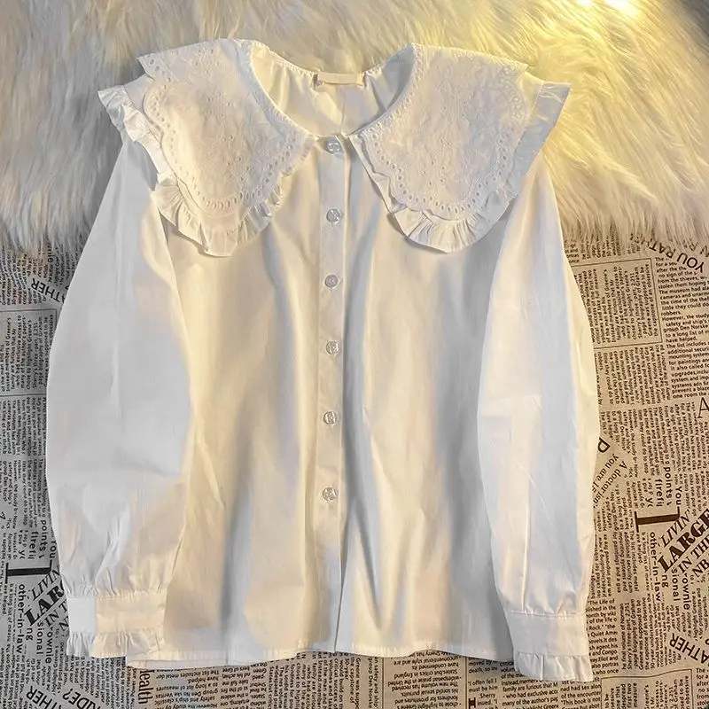 Women Shirts Simple Solid Blouses Female Tops Lace Casual Sweet Korean Style Peter Pan Collar Elegant Vintage Lovely All-match