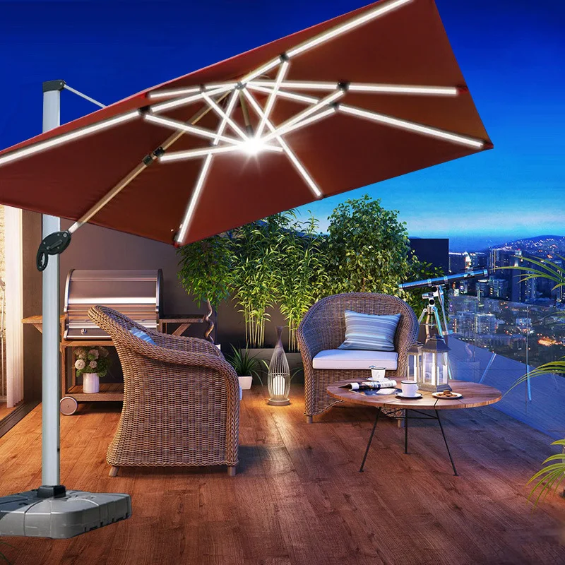 3M Large Cantilever Umbrella Aluminum Frame 360° Rotatable with LED Light for Garden Beach Hotel Courtyard Park