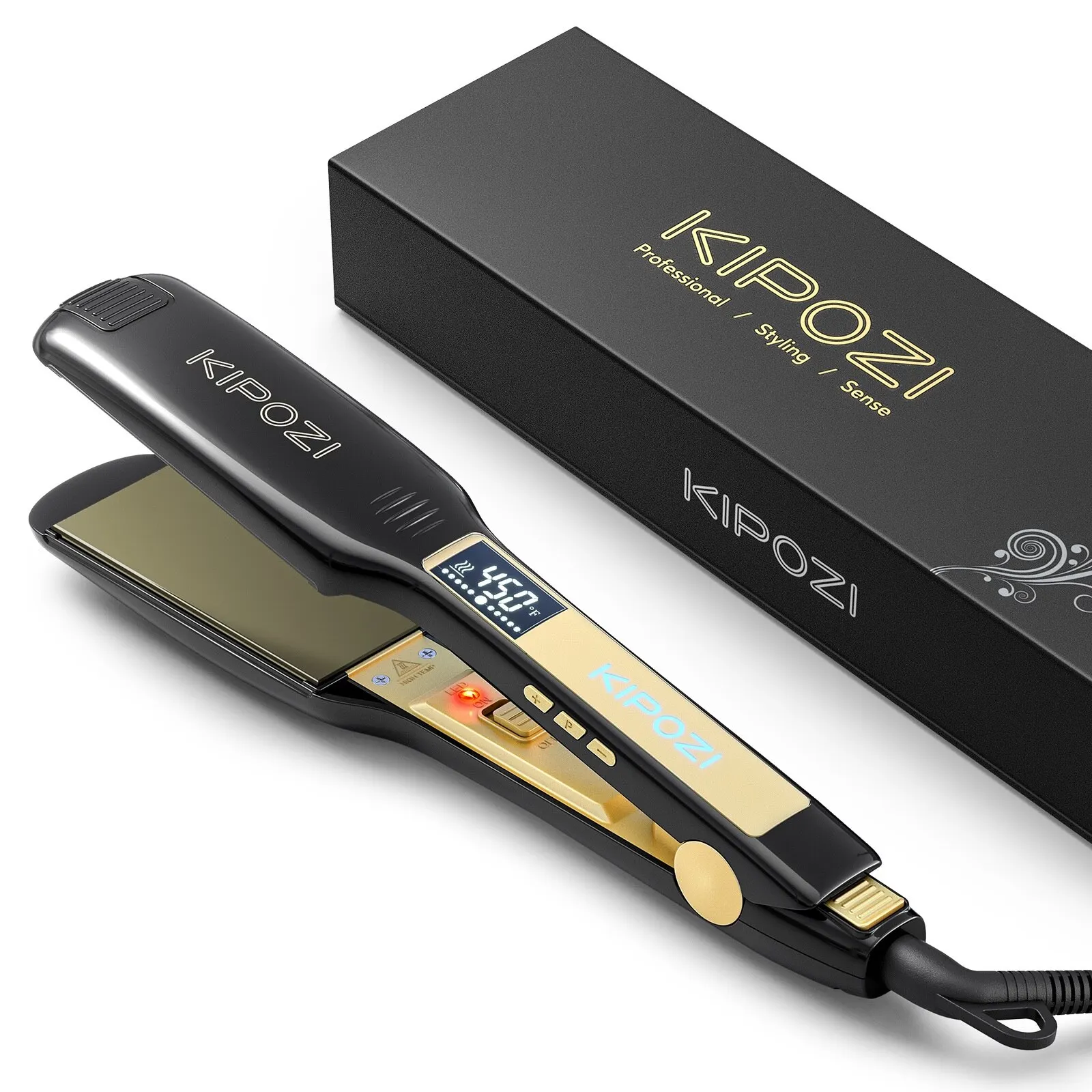 KIPOZI Professional Titanium Flat Iron Hair Straightener with Digital LCD Display Dual Voltage Instant Heating Curling Iron