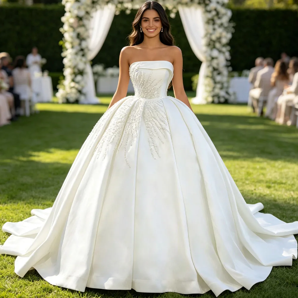 Stunning Wedding Dress Strapless Sleeveless Lace Up Back Beading Robe De Mariage