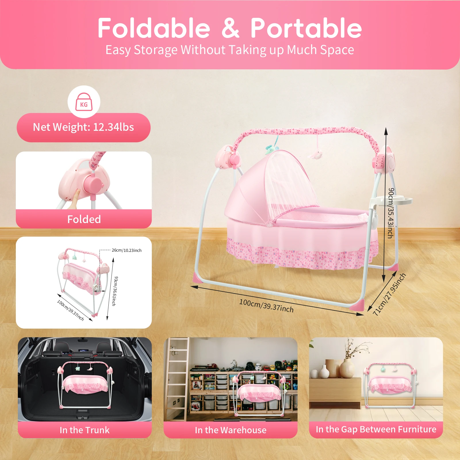 Baby Cradle Swing - 12 Songs/Bluetooth/USB, 5-Speed Adjustable Swing, Safety Belt&Anti-Tip Design,Breathable Fabric & ABS Frame