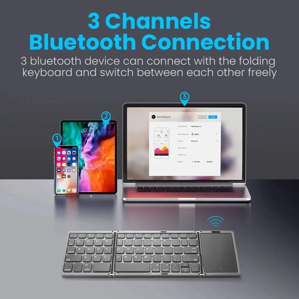 3-Folding Keyboard Tri-Bluetooth Keyboard with Touchpad for PC Windows Android IOS Phone Mini Keyboard Rechargeable Keyboard