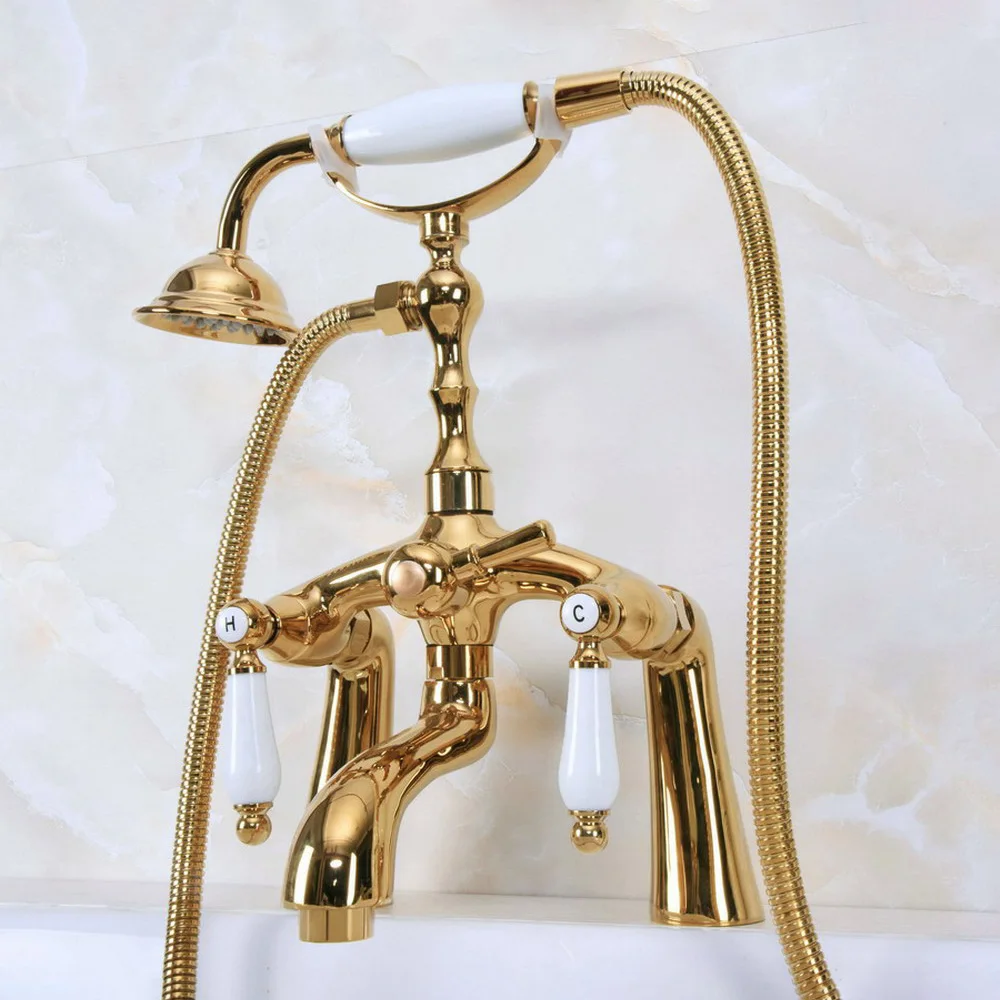 Bathtub Faucets Polished Golden Luxury Deck Mounted Telephone Style Clawfoot Tub Mixer Tap with Handheld Spray Shower Bna132