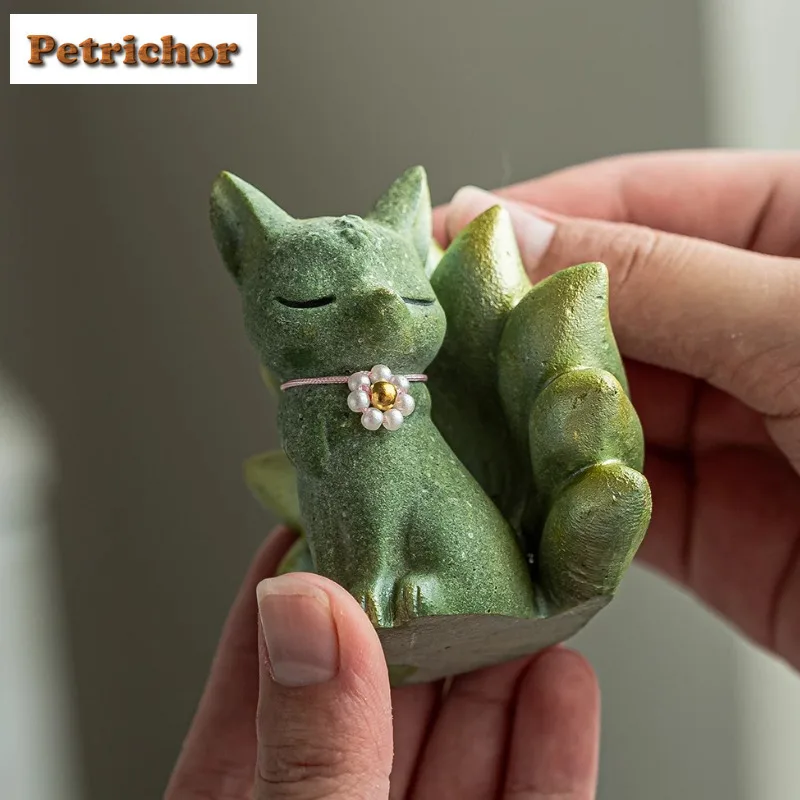 Little Spirit Green Sand Stone Nine-tailed Fox Tea Pet Boutique Fish Tank Landscaping Tea Figurine Play Toys Tea Statue Ornament