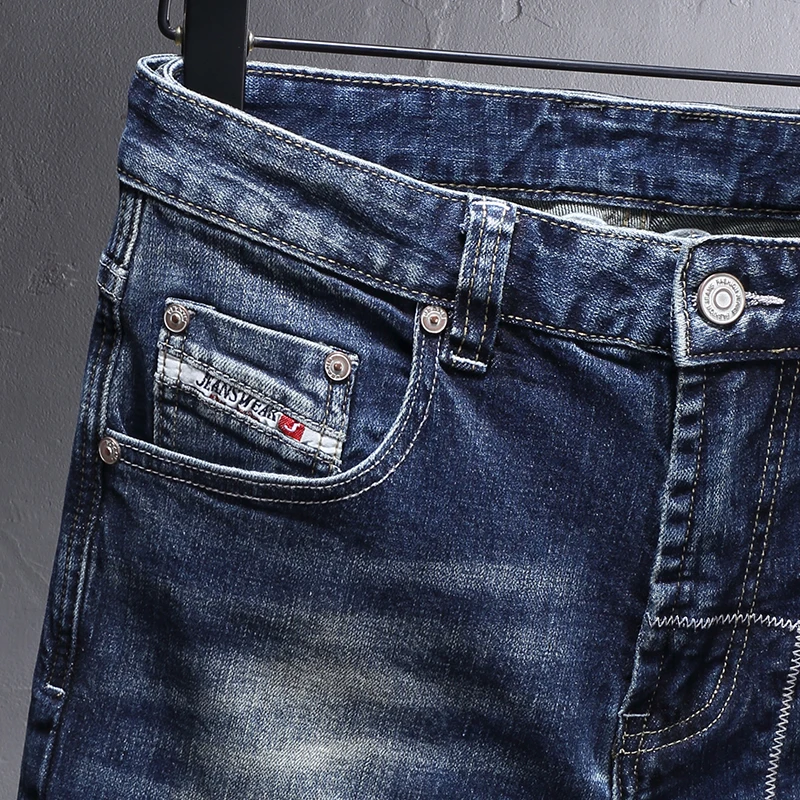 Italian Style Fashion Men Jeans Retro Dark Blue Elastic Stretch Slim Fit Ripped Jeans Men Vintage Designer Denim Pants Hombre