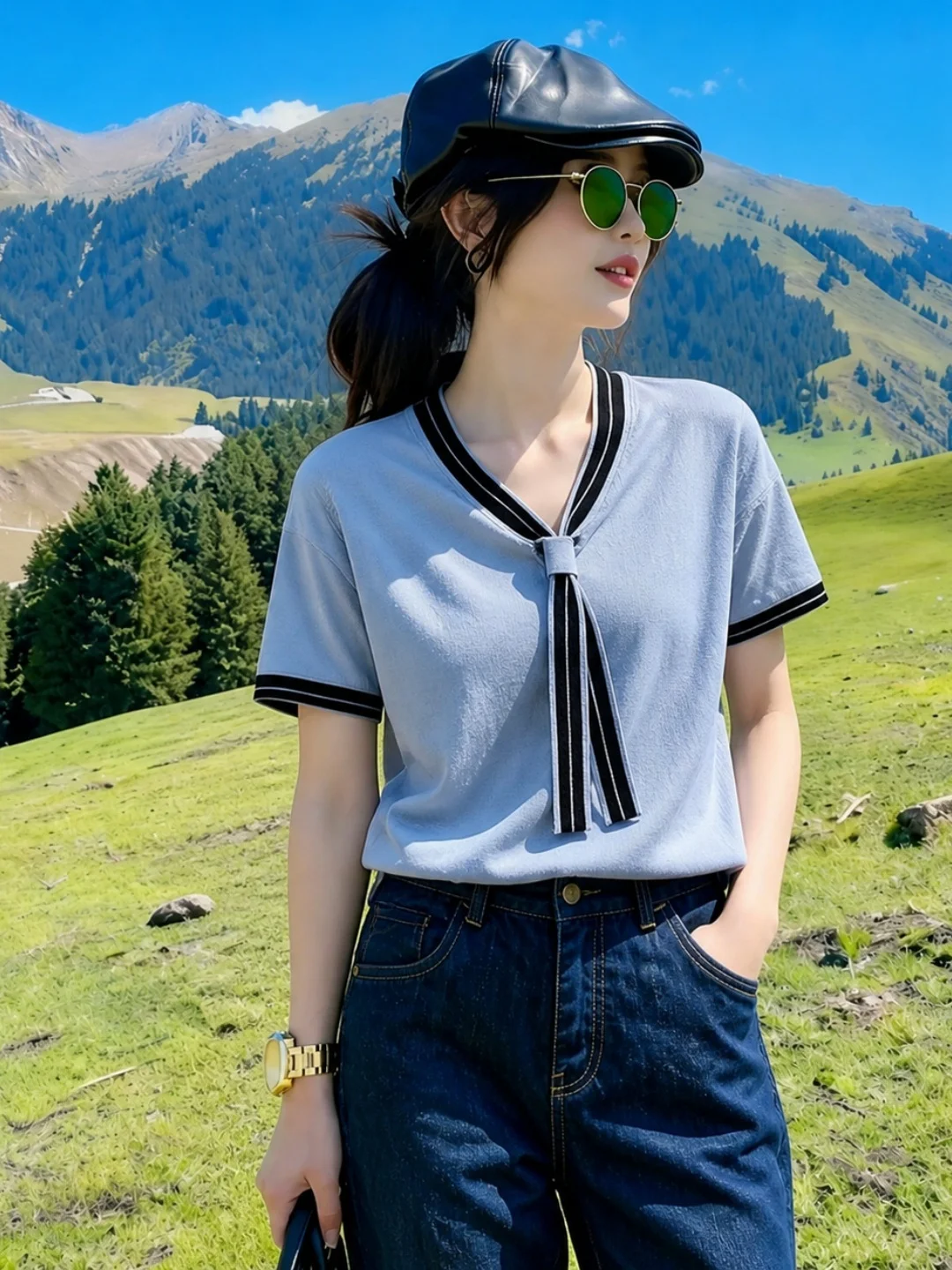 

Fashionable Commute Style Color Block V-Neck Short Sleeve Knitwear Women's Versatile Slimming Top Summer 2026 Korean Straight...