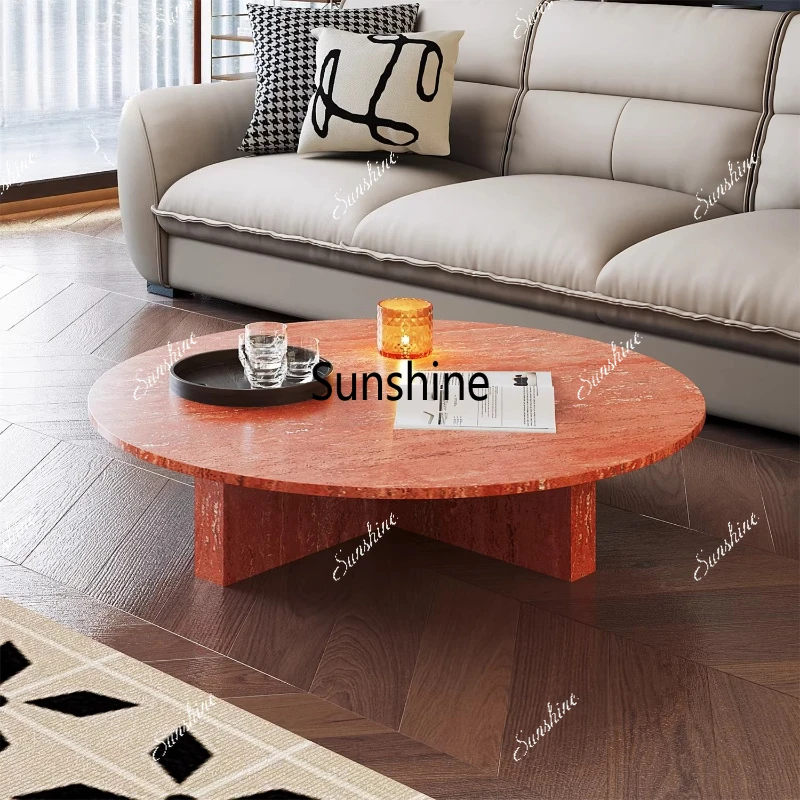 

Red travertine round coffee table, living room size apartment type high-end luxury stone light luxury tea table