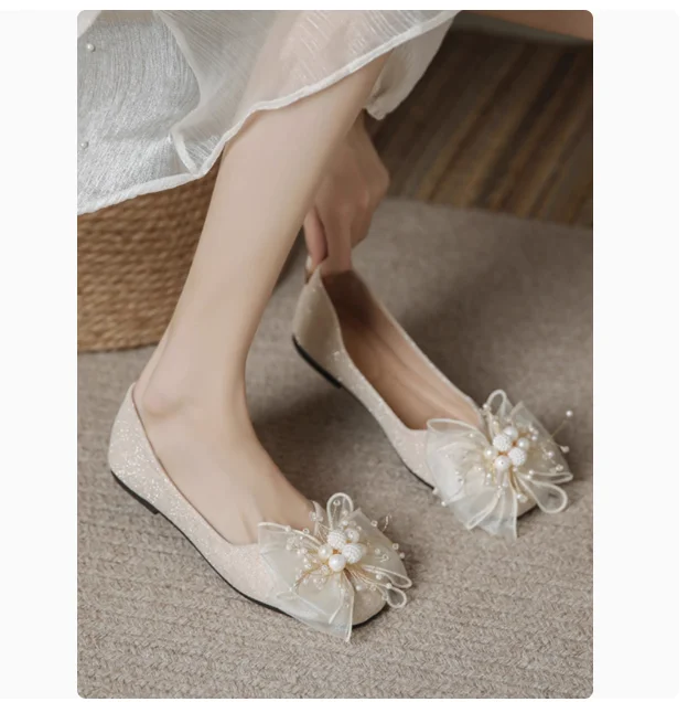 

Туфли для помолвки, женские туфли для беременных на плоской подошве, туфли для невесты на низком каблуке, цвета шампанского, с золотыми кристаллами, свадебное платье принцессы Xiuhe, два ношения, без шин