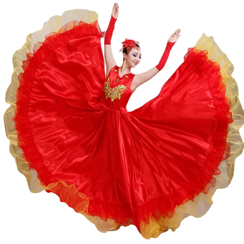 Costume de danse de la nation flamenco espagnole à jupe longue pour femme, robe d'ouverture, costume de performance, chœur sur scène, rouge trempé