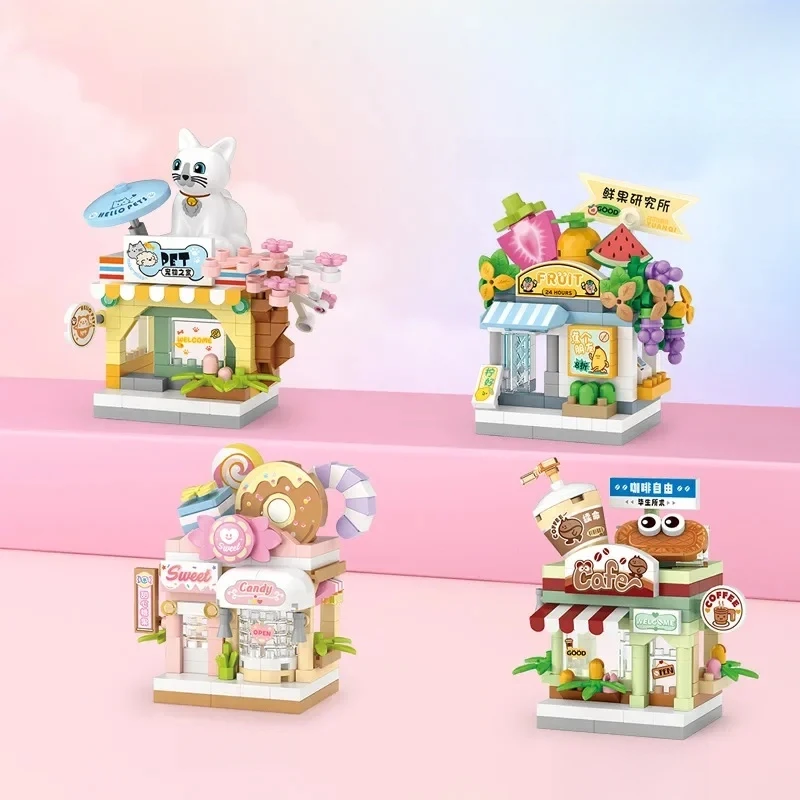 Diy bonito restaurante sobremesa pet loja de frutas vista rua comida casa blocos de construção kit tijolos modelo para crianças brinquedo menina menino presentes