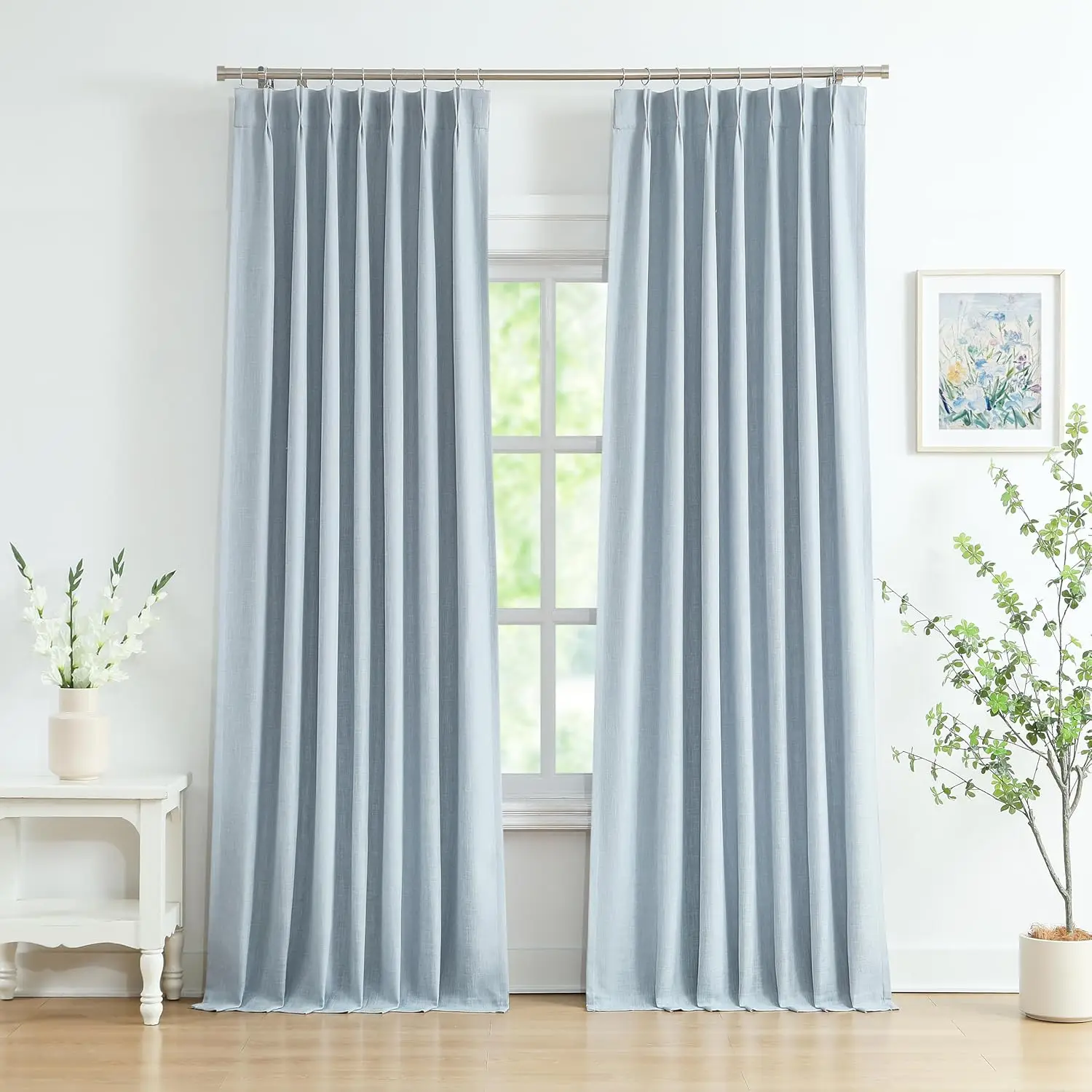 

Extra Long Dusty Blue Bailey Pinch Pleated Full Blackout Curtains with Liners 108 Inches Length,Linen Textured Bedroom L