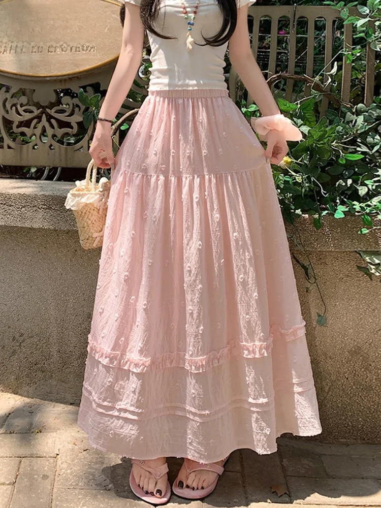 

Sweet Floral Embroidery Half Skirt Women's Casual Slimming A-Line Long Umbrella Skirt Spring Summer High Waist Elastic Waist