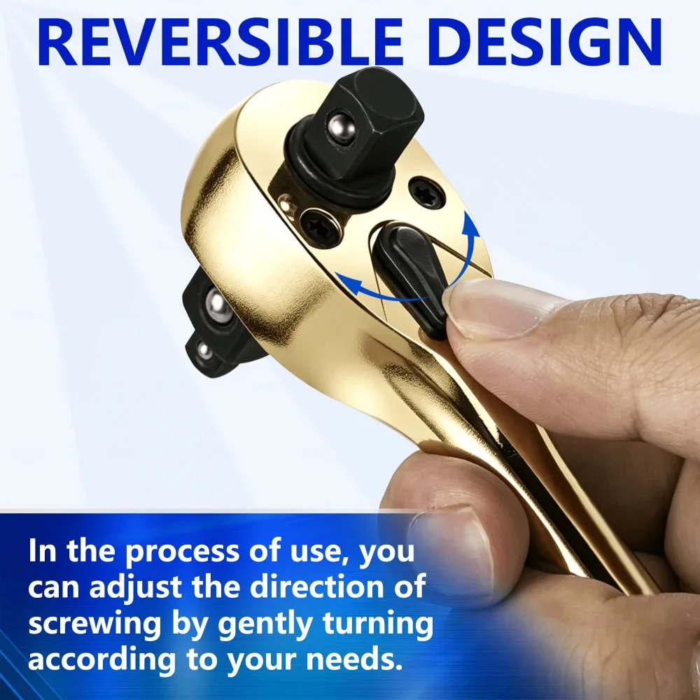 3-in-1 Golden Ratchet Socket Wrench,72-Tooth Dual Head Reversible 1/4