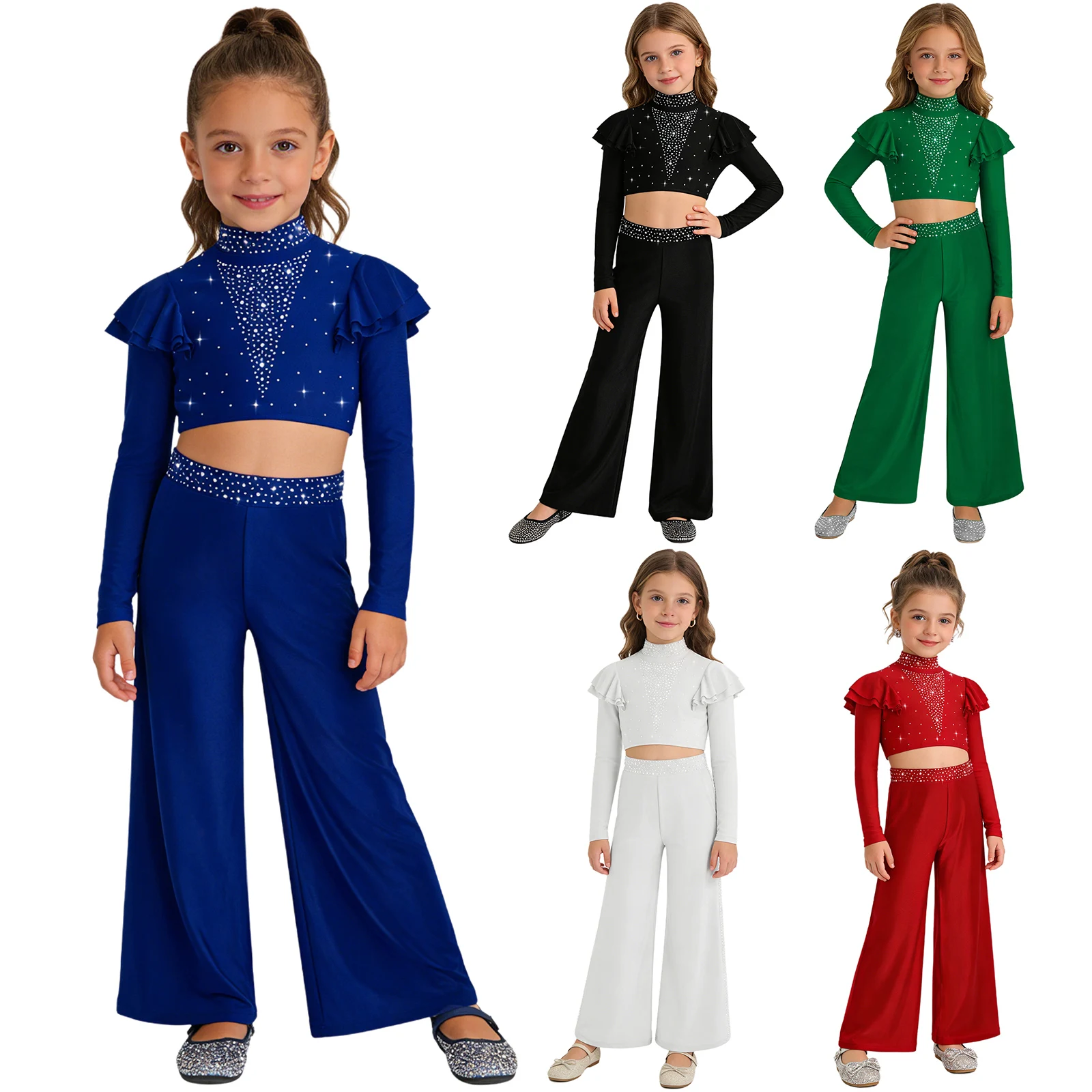 Kids Girls Lyrical Dance Two-Piece Set Long-Sleeved Rhinestones Crop Top+Flowing Flared Pants Modern Dance Clothes Costume