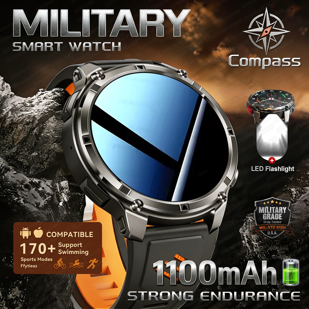 2026 New Outdoor 1100mAh Military Sports SmartWatch 1.7-inch AMOLED Flashlight IP68K Compass Sports tracker BT Call Smartwatches