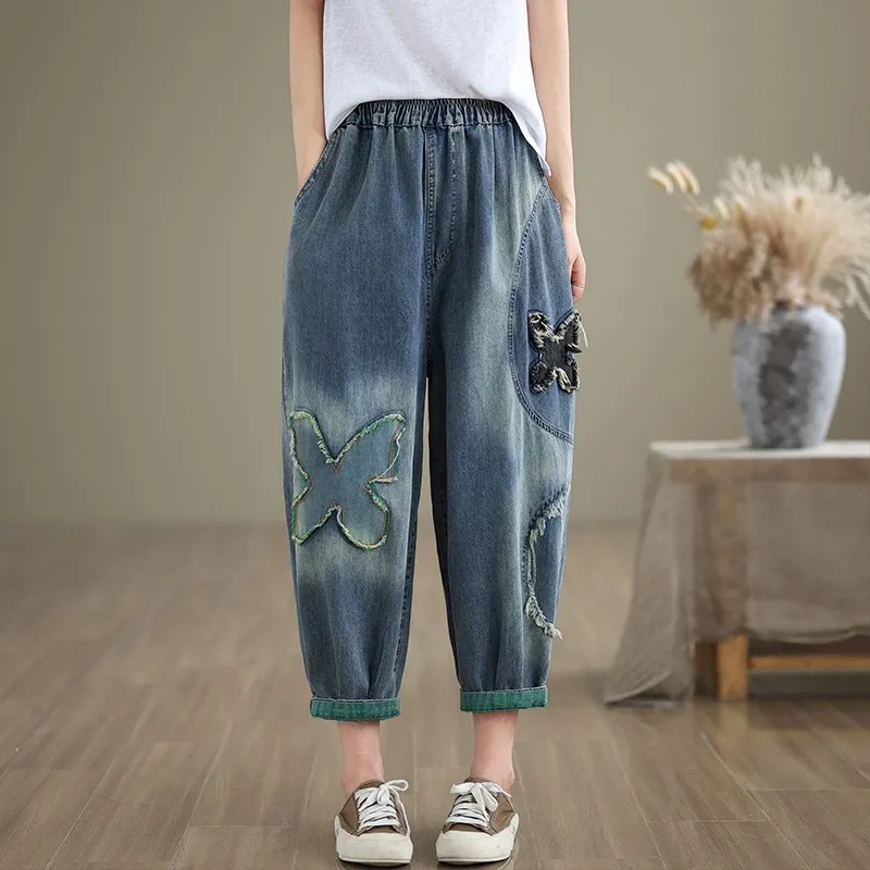 

Spring New Korea Fashion Patch Designs Embroidery Loose Women Jeans All-matched Casual Elastic Waist Cotton Denim Harem Pants