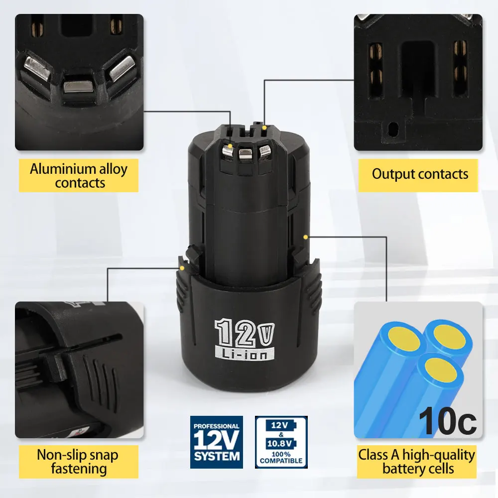 Bateria sem escova SNUOK 12V 2.0Ah suporta substituição de rebarbadoras, chaves de fenda, ferramentas elétricas para baterias de lítio Bosch