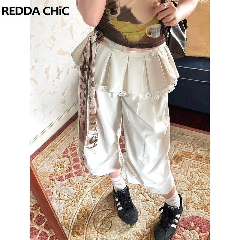 

ReddaChic Stitch Skirt Bermuda Pants for Women Lace Trim Pleated Elastic Waist Fake Two-piece Suit Trousers Casual Korea Clothes