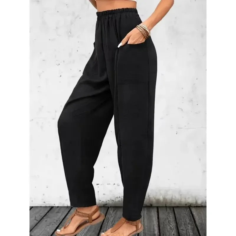 1XL-5XL Women's Plus-size Casual Comfortable Slacks Fashion Solid Color Stretch High-waisted Pocket Pants Casual Haren Pants