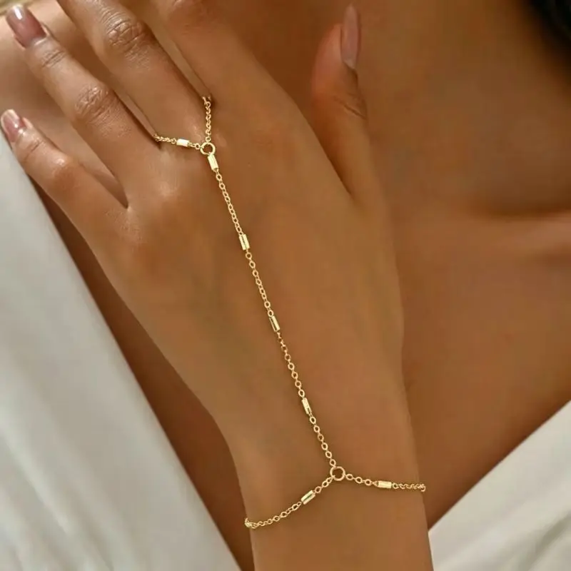 Elegant Tiny Chain Bracelet Finger Rings for Women Gold Color Link Chains Connecting Hand Harness Bracelets Jewelry Gifts