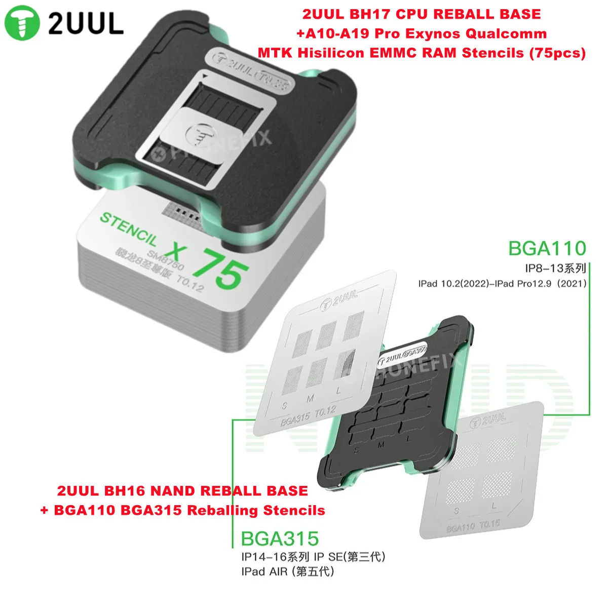 2UUL BH17 Quick Fix CPU Reballing Stencill Set with Magnetic Dual-Sided CPUREBALL BASE for IPhone A10-A19/Android Repair Tools