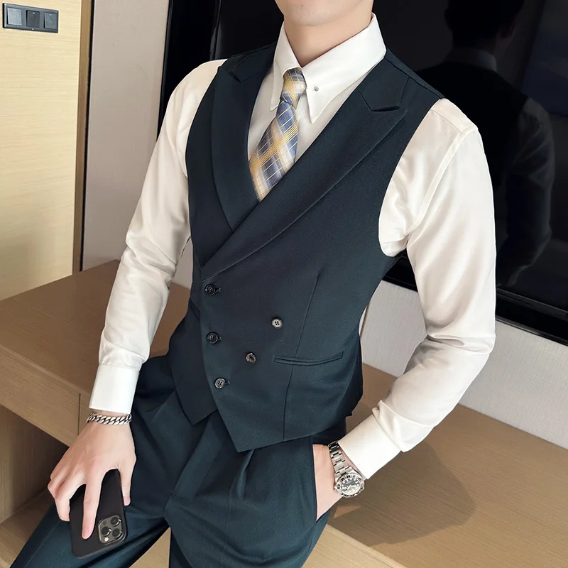 Fashion Suit Vest for Man Casual and Formal Straight Pockets Double-breasted Linen Fabric Men's Working Work Suits Blazer