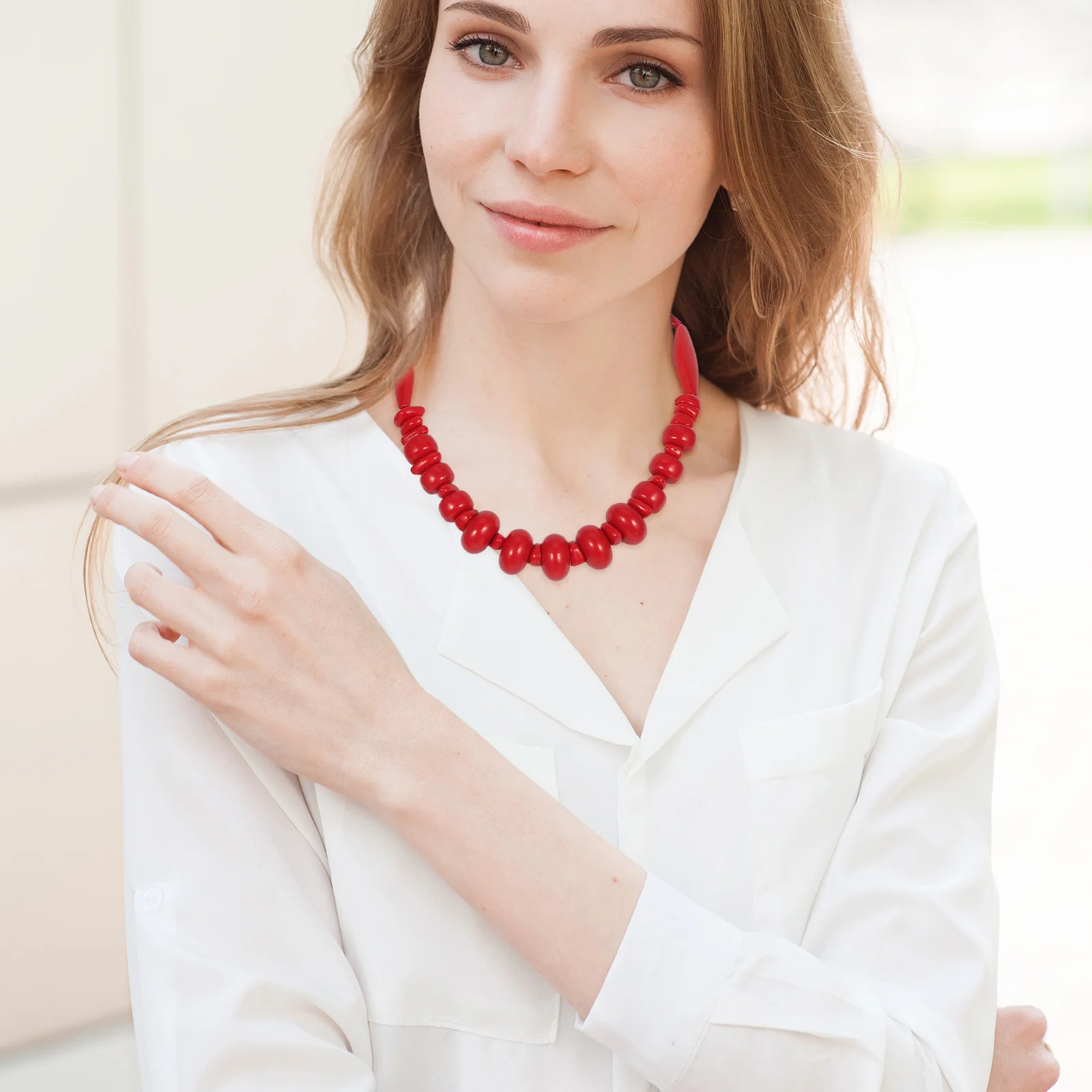 

Coral Red Necklace For Women, Bohemian Exaggerated Plastic Beaded Choker, Vibrant Statement Costume Jewelry For Parties