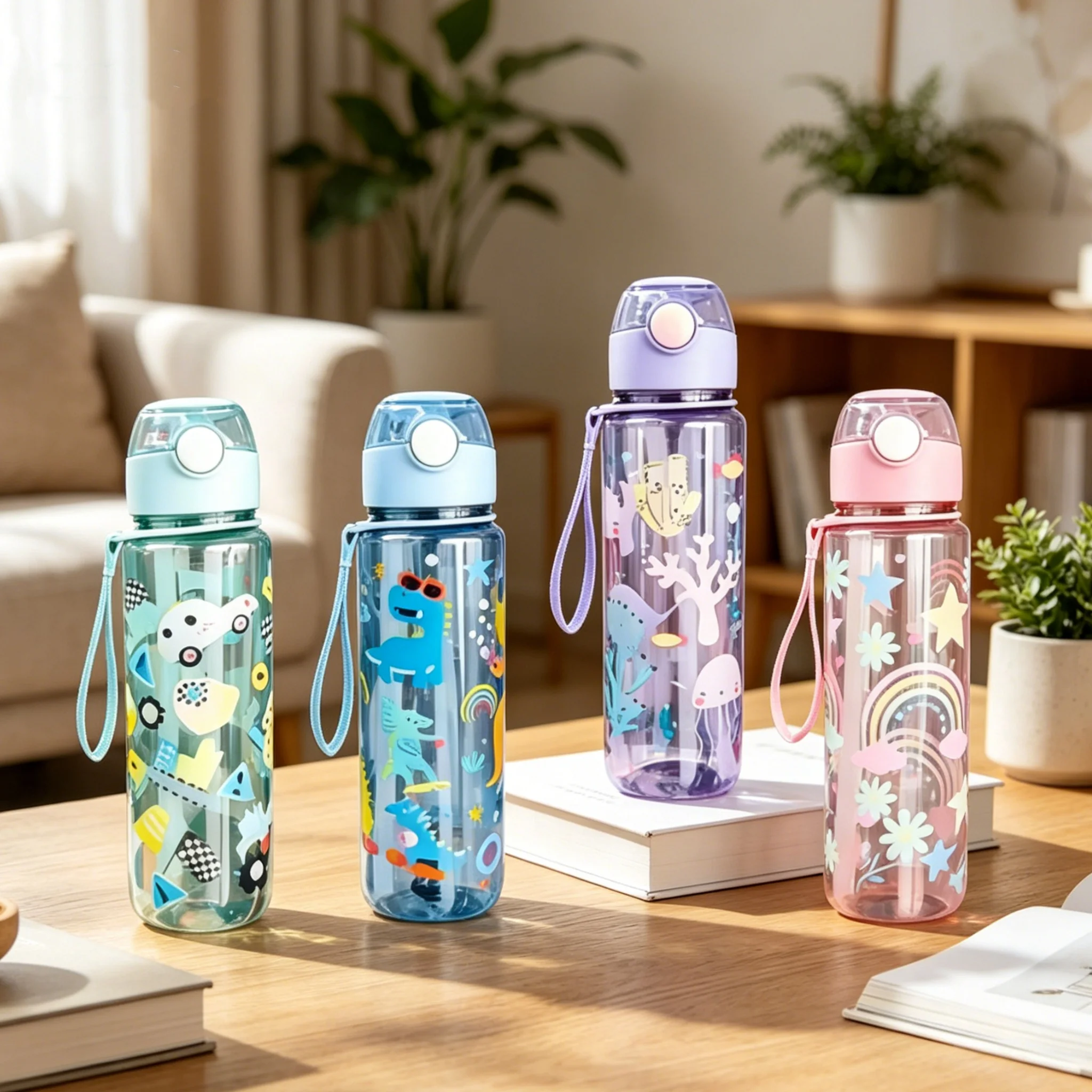 Trendy High Value 700ml Cartoon Pattern Water Bottle Car Rainbow Dinosaur Print Lightweight Leakproof Ideal For Daily Fitness