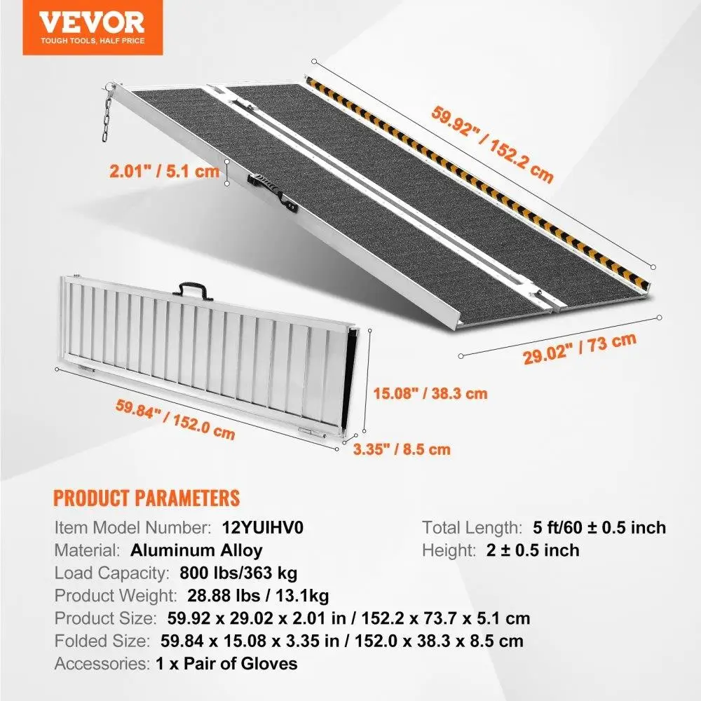 5ft Portable Aluminum Wheelchair Ramp - 800lbs Capacity, Non-Slip Folding Mobility Scooter Ramp for home Steps & Doorways