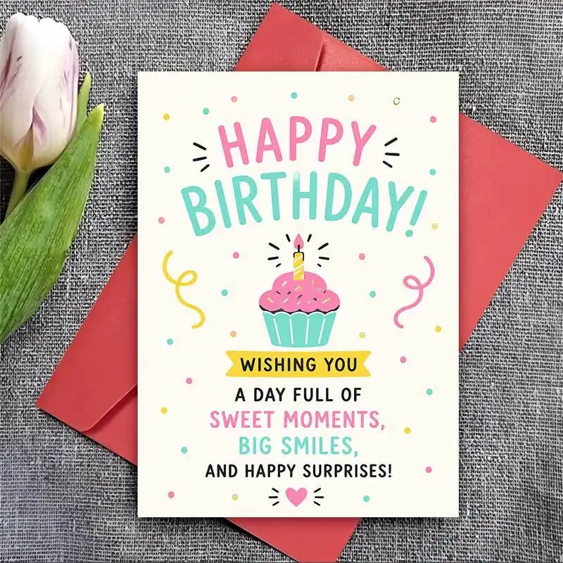Happy Birthday Card with cupcake design, suitable for friends and family, perfectly conveying celebration and party wishes