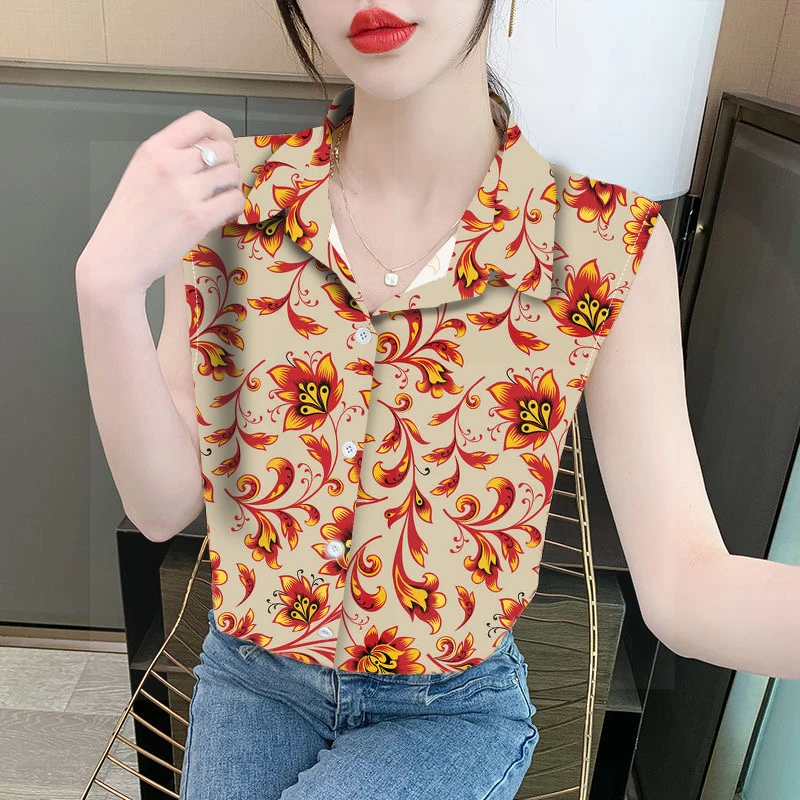 

Guofeng Sleeveless Printed Chiffon Shirt Women's Loose and Thin Belly-covering Top Large-size Women's Bottoming Shirt